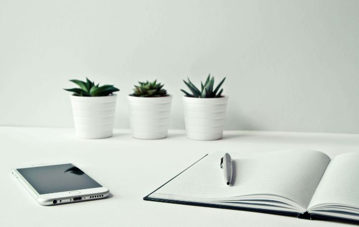 Smartphone and open notebook with pen on white table with plants.